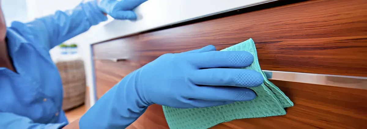 Cleaner wearing blue gloves wiping a wooden cabinet drawer with a microfiber cloth for dust and grime removal, Spokane, WA.