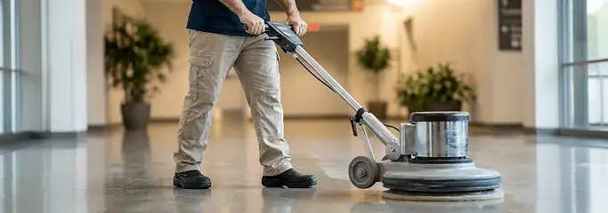 Professional technician using an industrial floor buffer to polish and maintain shiny commercial flooring in a corporate hallway in Spokane, WA.