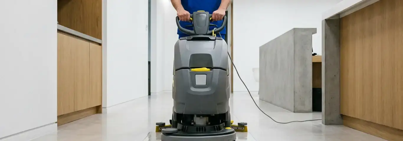 Janitorial staff using a floor scrubber machine to clean a commercial hallway, Spokane, WA.