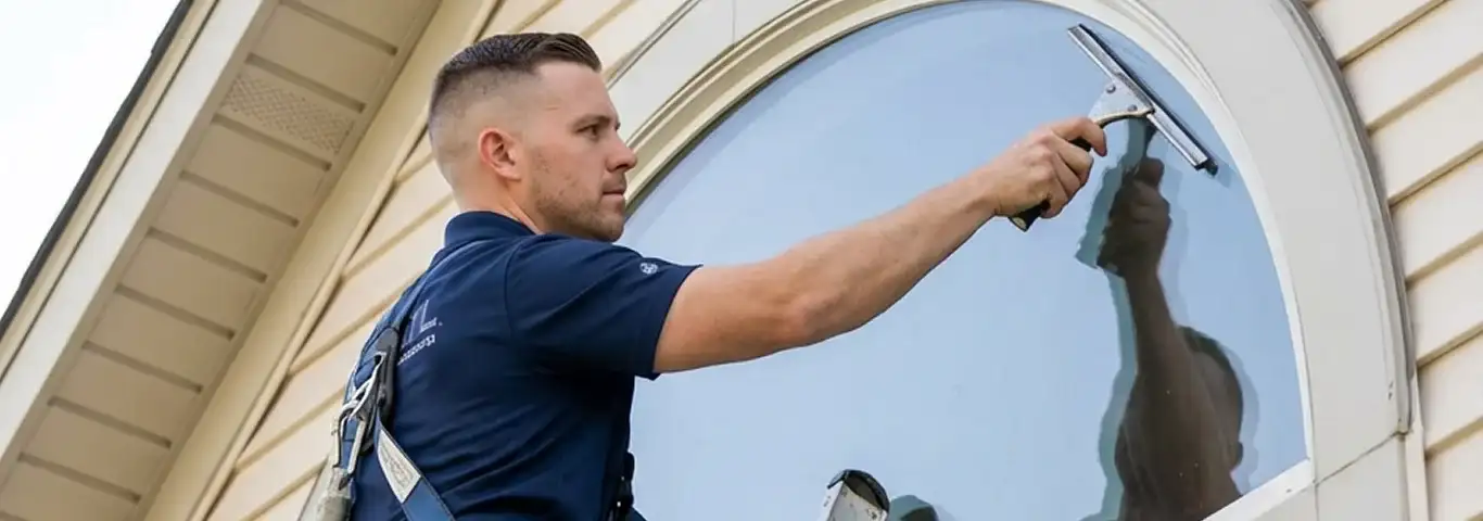 Professional window cleaner using a squeegee to clean an exterior arched window on a home, Spokane, WA.