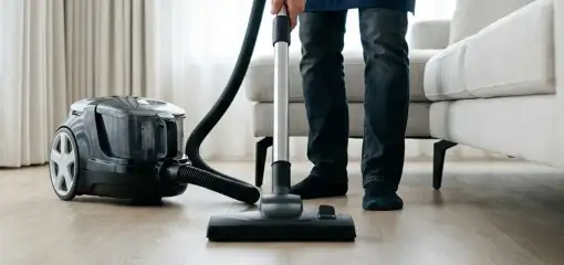Professional house cleaner vacuuming a living room floor with a canister vacuum cleaner, Spokane, WA.