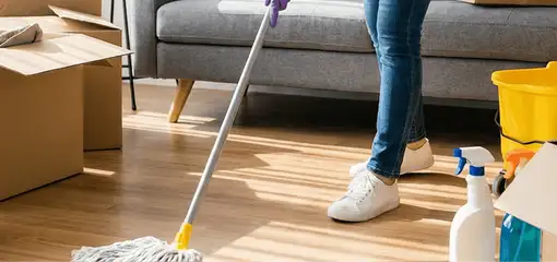 Move-out cleaning setup with a cleaner mopping hardwood floors near moving boxes and cleaning supplies, Spokane, WA.