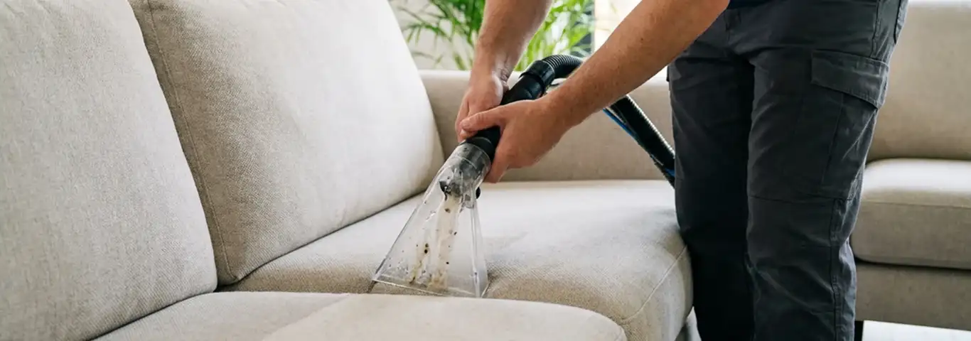 Technician extracting dirt and moisture from a fabric sofa with an upholstery cleaning wand, Spokane, WA.