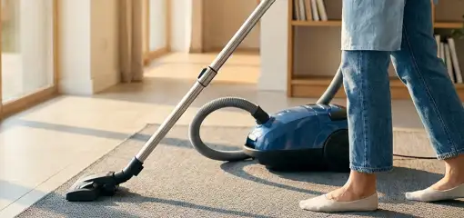 Person vacuuming a living room rug with a canister vacuum cleaner near large windows, Spokane, WA.